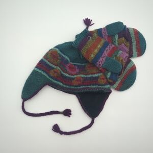 Lost Horizons Nepal Hand Crafted Wool Mittens and Beanie Set OS Colorful Boho